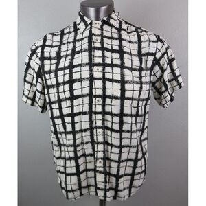 Mens Jams World Button Front Shirt Short Sleeve White Black Geometric Rayon Sz S